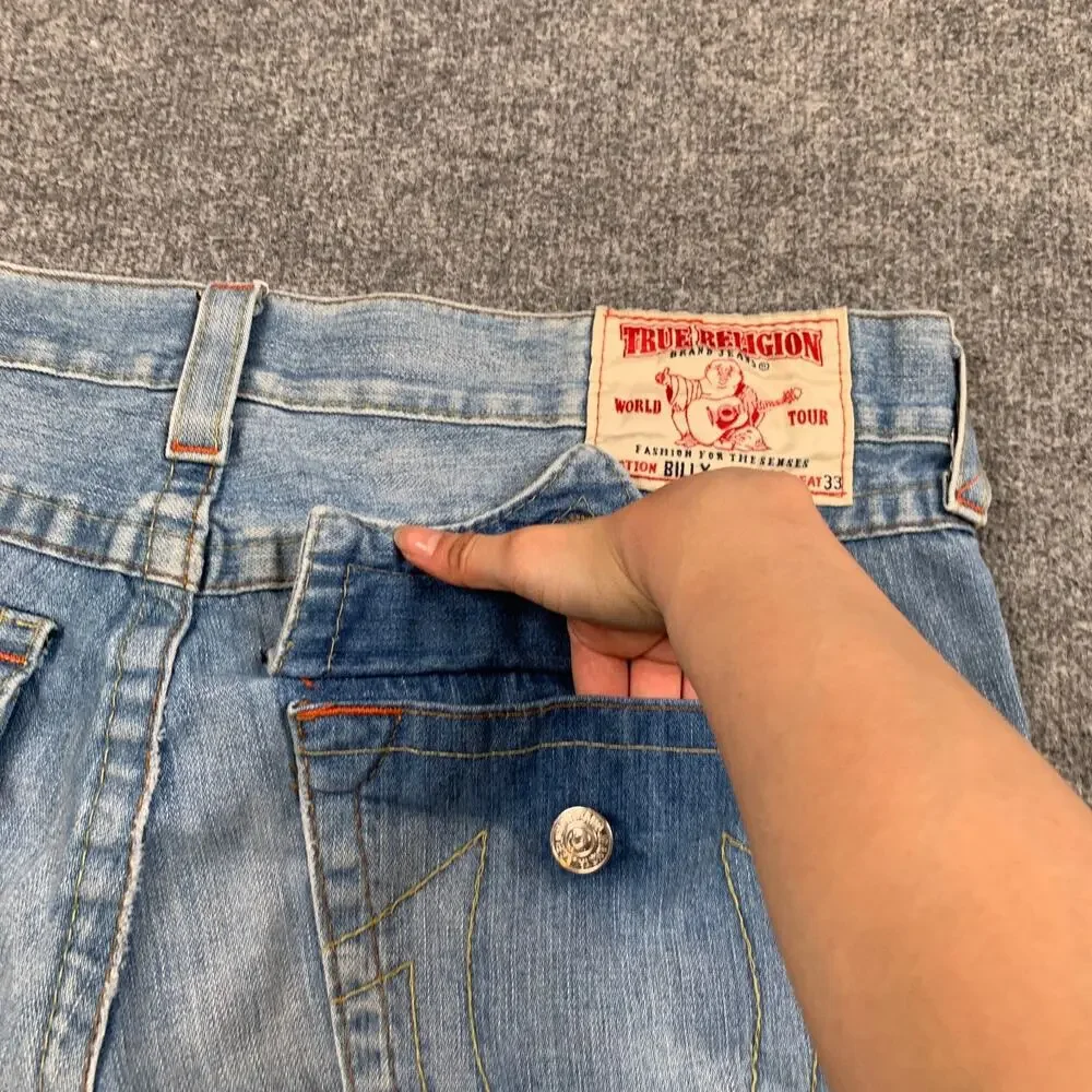 Vintage True Religion Jeans Mens 38 Light Wash Billy Bootcut Flap Pocket Denim